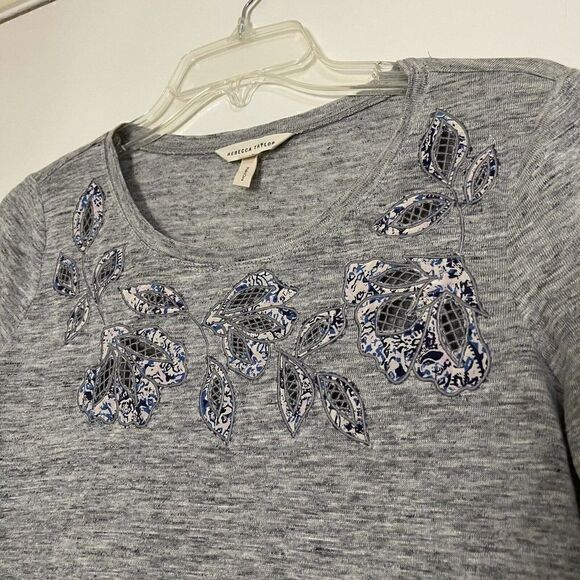 Rebecca Taylor Gray linen knit blouse top floral patch size Small - Picture 2 of 5